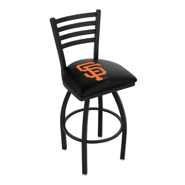 A black swivel bar stool with a San Francisco Giants logo on the padded seat and ladder back.