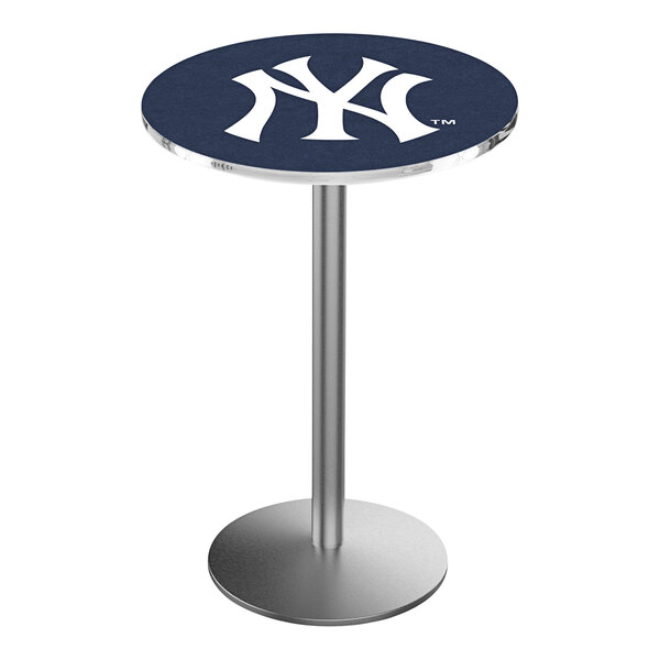 A round Holland Bar Stool pub table with a New York Yankees logo on the top.