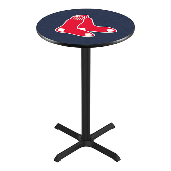 A round blue pub table with a Boston Red Sox logo on the top.