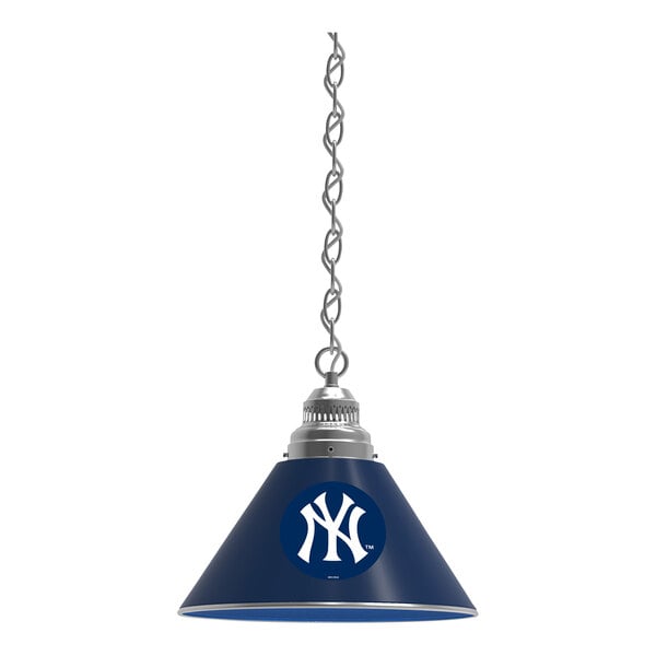 A blue and silver pendant light with a New York Yankees logo on the shade.