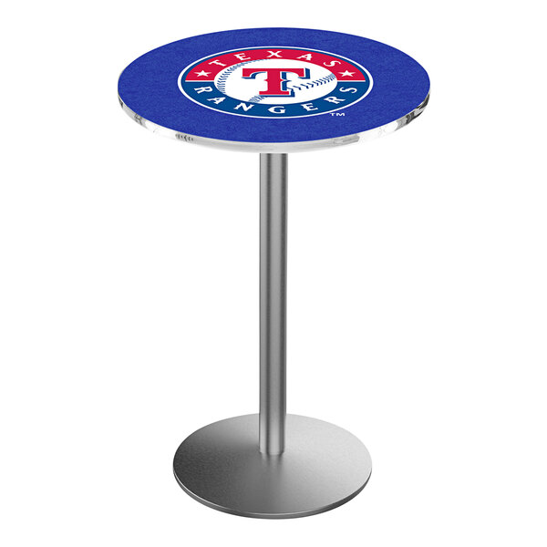 A Holland Bar Stool Texas Rangers pub table with a blue and red logo on the top.