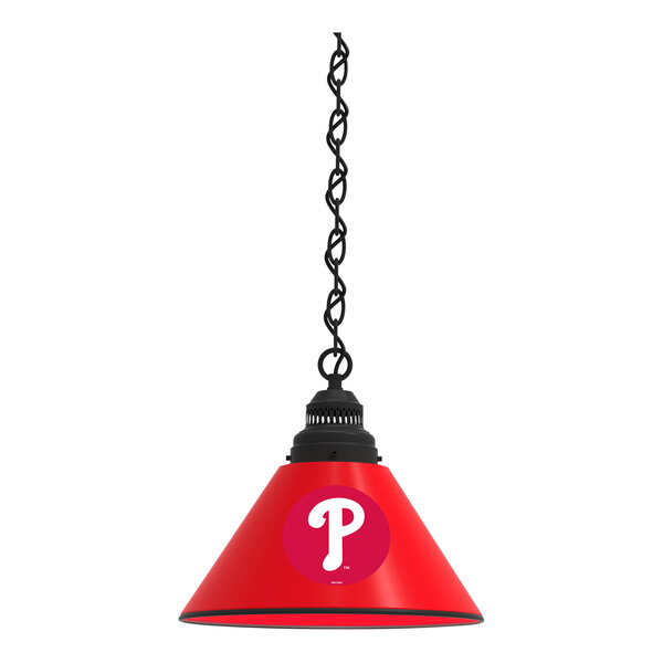 A red lamp shade with a white letter P and the Philadelphia Phillies logo.