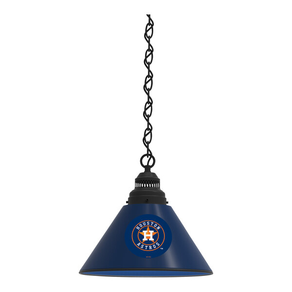 A black pendant light with a blue and orange Houston Astros logo.