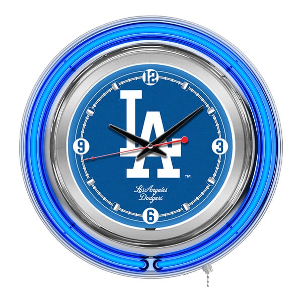 A blue and white clock with a Los Angeles Dodgers logo in the center in blue and silver.