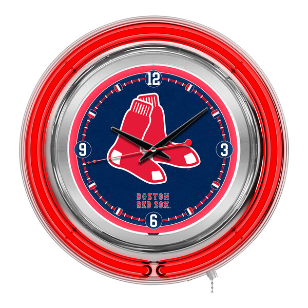 A Holland Bar Stool Boston Red Sox neon clock with a red and blue logo on a white background.
