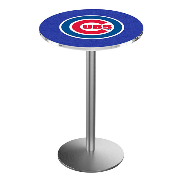 A Holland Bar Stool Chicago Cubs pub table with a blue and white logo on the top.