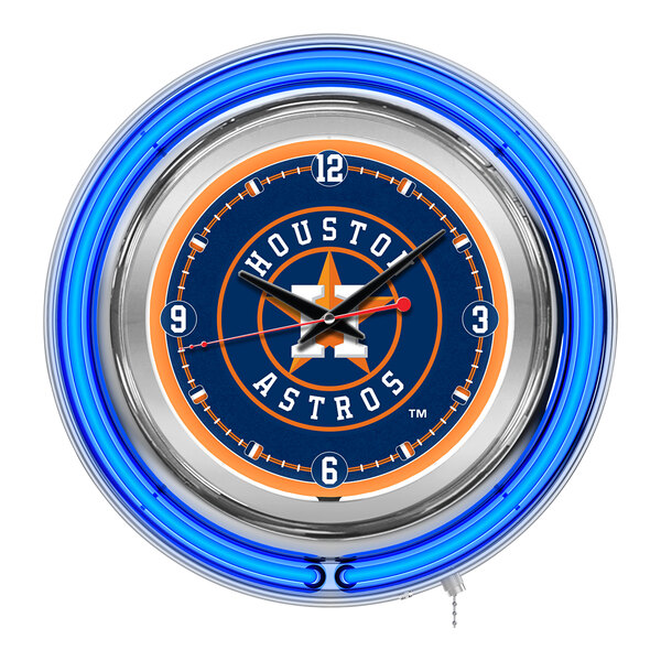 A white clock with a blue and orange Houston Astros logo in the center.