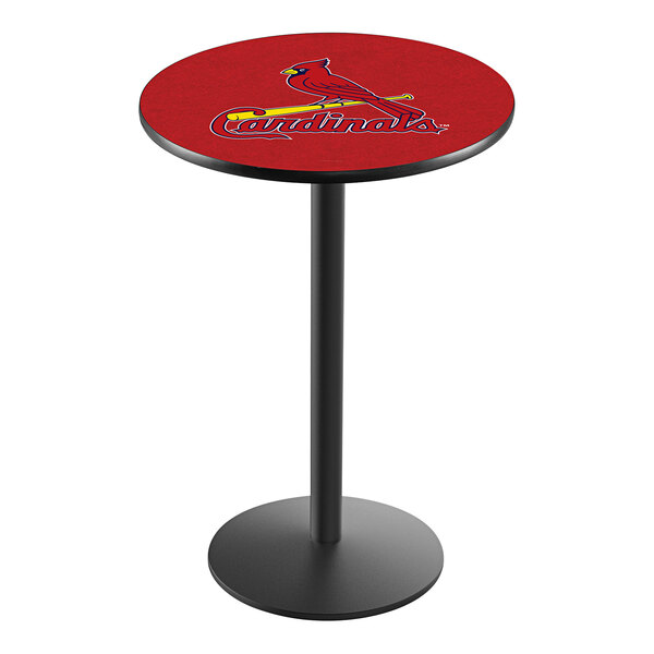 A Holland Bar Stool St. Louis Cardinals pub table with a red and yellow logo on the top.
