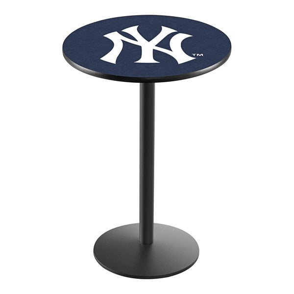 A round white table top with a blue New York Yankees logo.