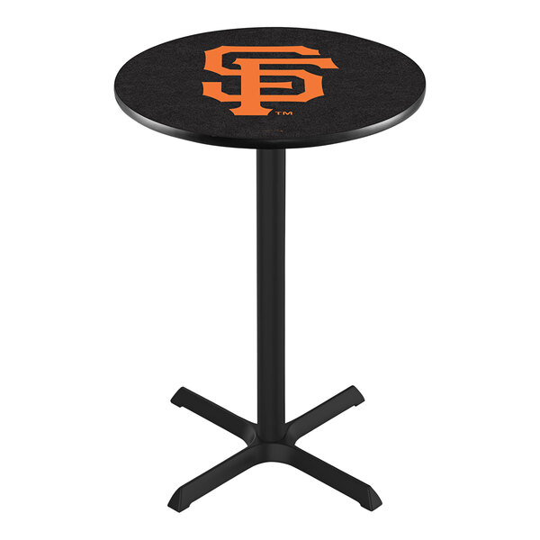 A Holland Bar Stool 30" round San Francisco Giants pub table with a logo on the top.
