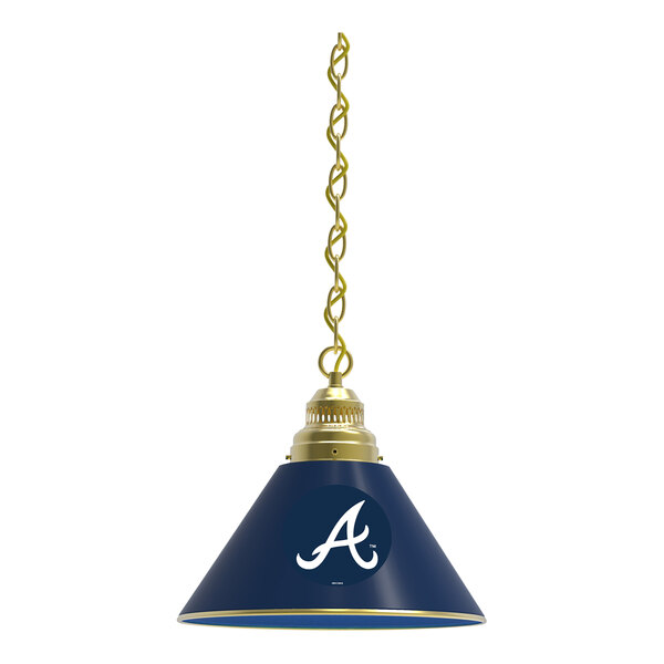 A white pendant light with blue and gold Atlanta Braves logos.