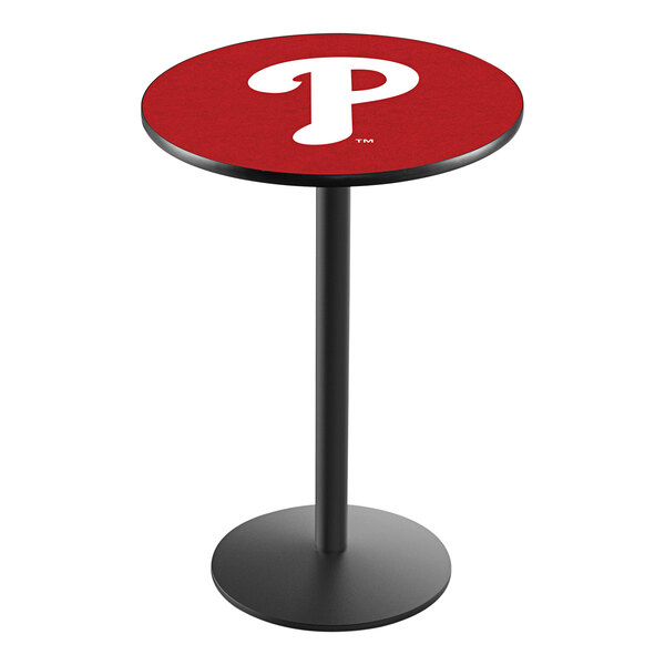 A red table with a white Philadelphia Phillies logo on the surface.