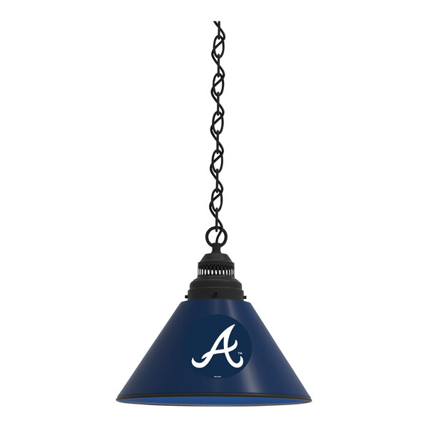 A black pendant light with blue and black lamp shades featuring the Atlanta Braves logo.