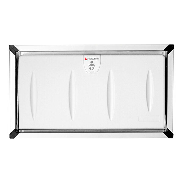 A white rectangular baby changing station with black trim and a logo on it.