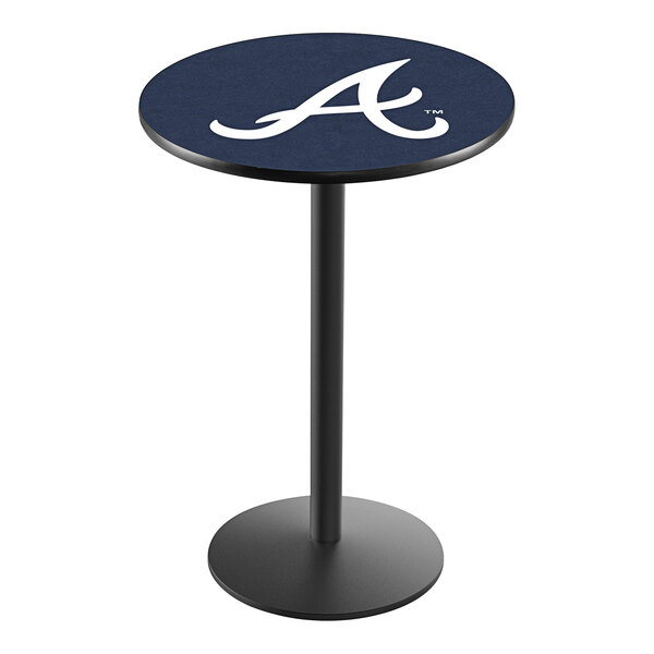 A round blue table with a white Atlanta Braves logo on it.