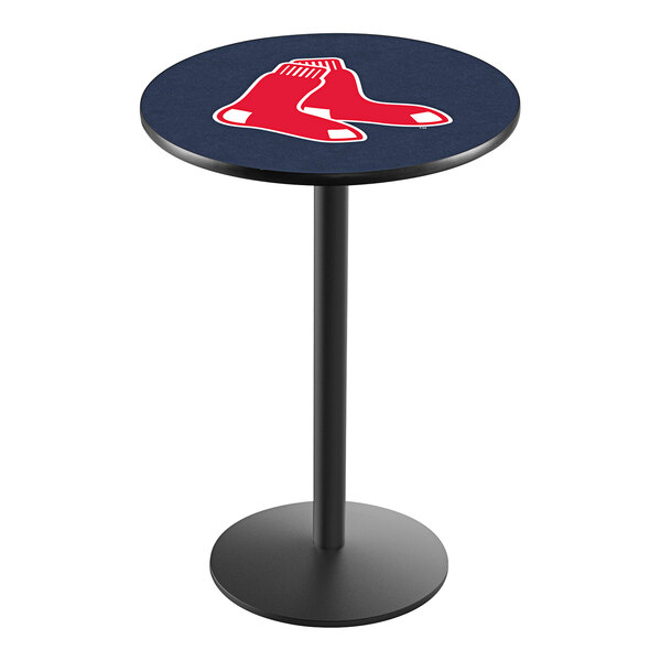 A blue table with a red and white Boston Red Sox logo on it.