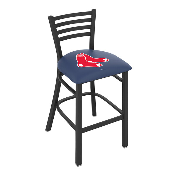 A Holland Bar Stool Boston Red Sox bar stool with a red and white logo on the seat.