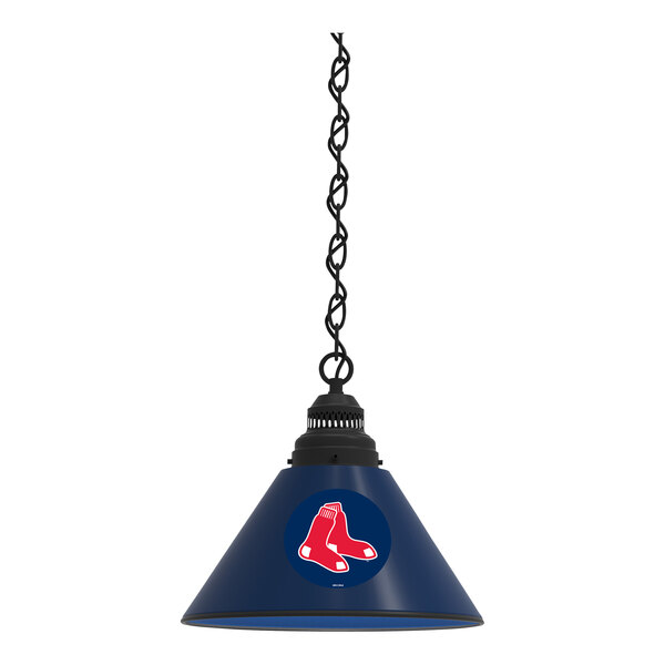 A black 1-light pendant lamp with a blue shade featuring the red socks logo in white.