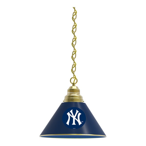 A blue circle with white letters reading "New York Yankees" on a brass pendant light.