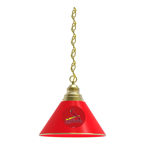 A red lamp shade with a St. Louis Cardinals logo on it, with a brass finish.