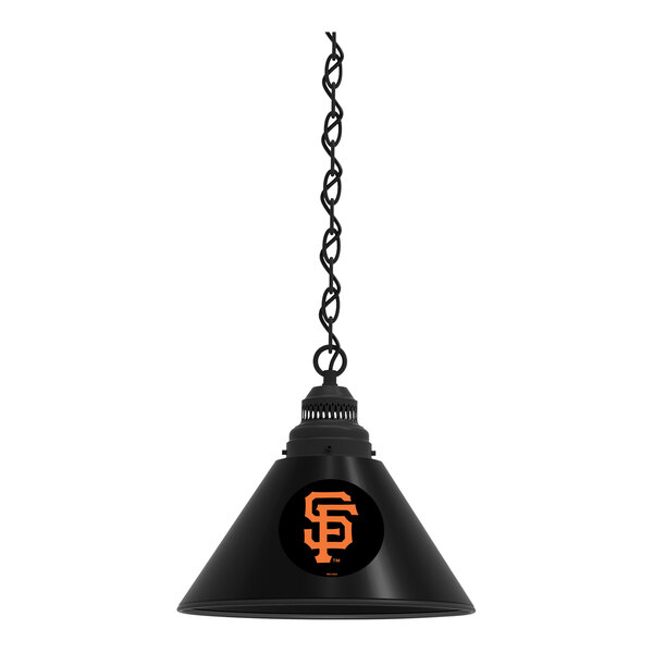 A black Holland Bar Stool pendant light with the San Francisco Giants logo on it.