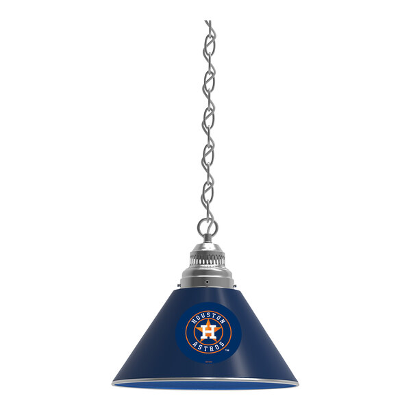 A white hanging lamp with the Houston Astros logo in blue and silver.