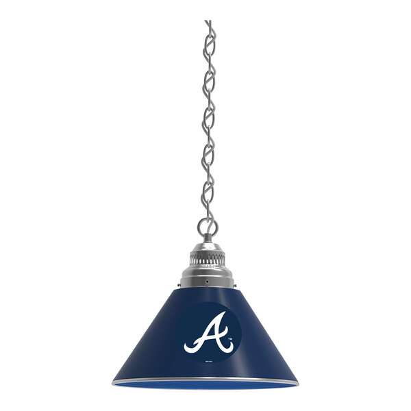 A blue and silver Holland Bar Stool pendant light with the Atlanta Braves logo.