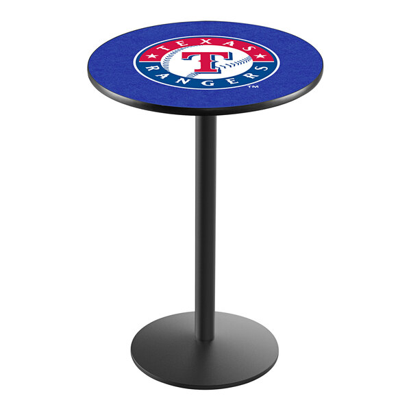 A round blue pub table with a Texas Rangers logo on the surface.