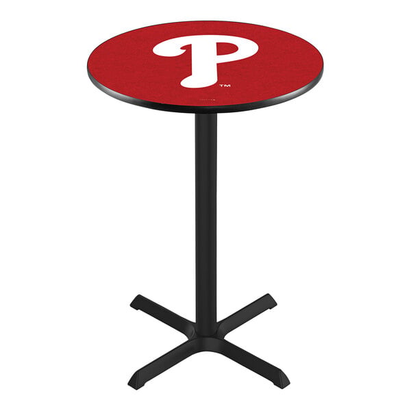 A red Holland Bar Stool pub table with a white Philadelphia Phillies logo on it.