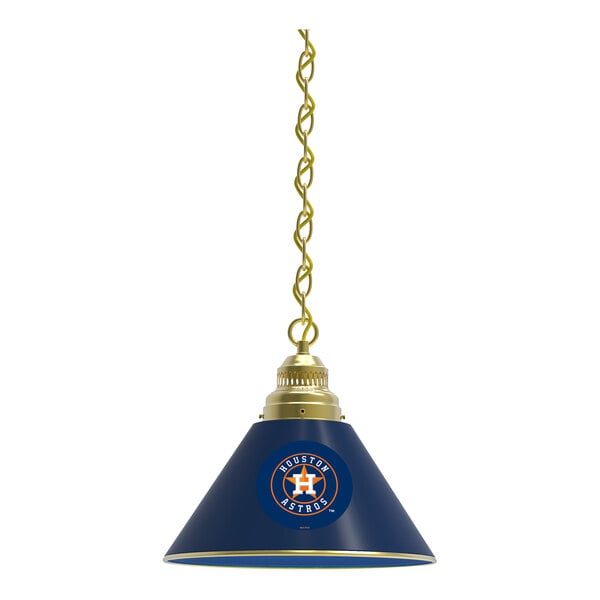 A brass pendant light with a blue and gold lamp shade featuring the Houston Astros logo.