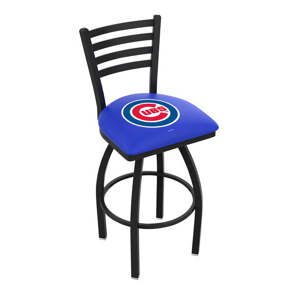 A blue Holland Bar Stool with Chicago Cubs logo on the padded seat and ladder back.