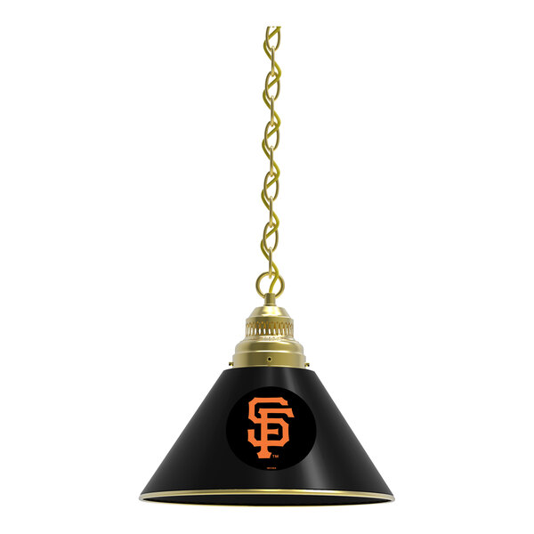 A brass pendant light with a black and gold lamp shade featuring the San Francisco Giants logo.