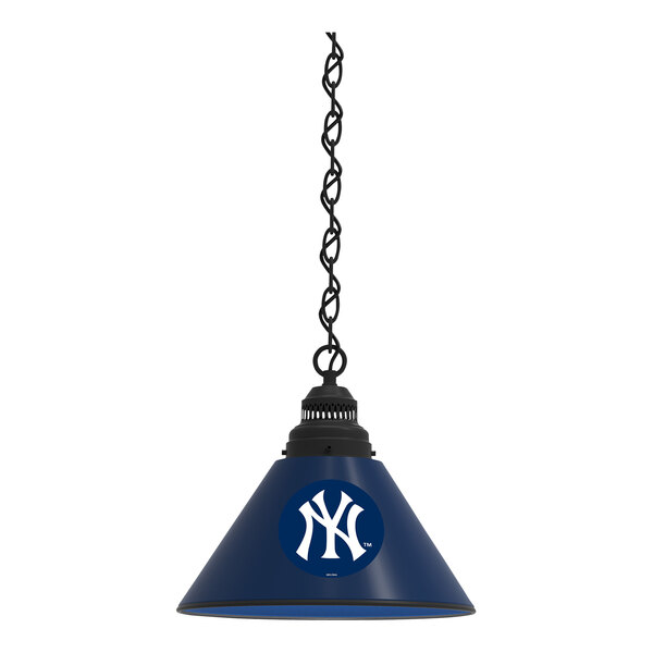 A blue pendant light with the New York Yankees logo in white on a black circle.