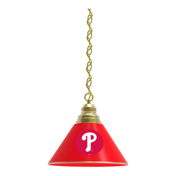 A red pendant lamp with a Philadelphia Phillies logo on it in white and gold.