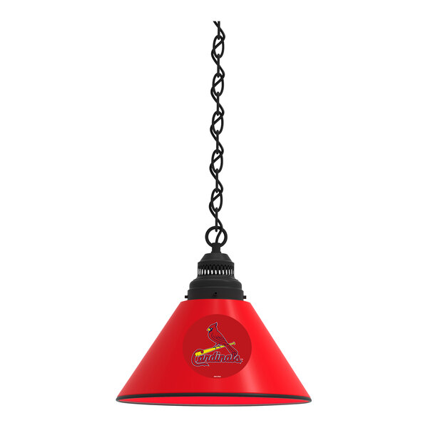 A black chain attached to a red St. Louis Cardinals pendant light with the team logo.