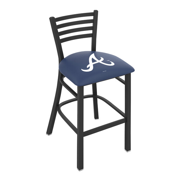 A blue bar stool with the Atlanta Braves logo on the seat.