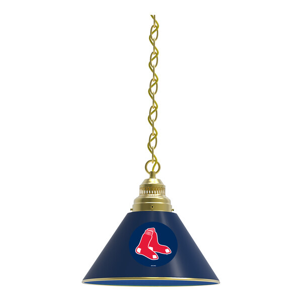 A brass pendant light with a Boston Red Sox logo shade.