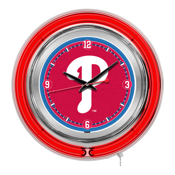 A red and white clock with blue and white text reading "Philadelphia Phillies" with a chrome neon ring.