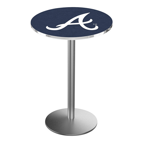 A round blue Holland Bar Stool table top with a white Atlanta Braves logo.