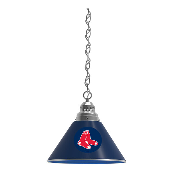 A blue and silver pendant light with the Boston Red Sox logo on it.
