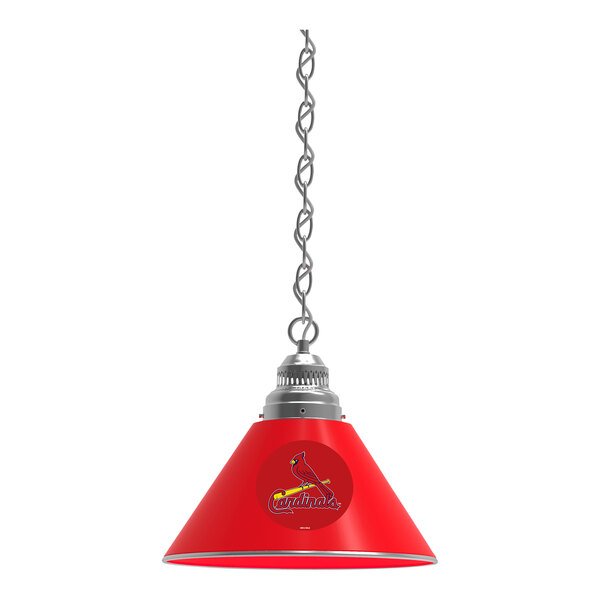 A chain attached to a red St. Louis Cardinals lamp shade with the Holland Bar Stool logo.