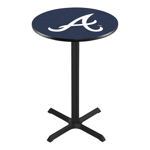 A round blue pub table with a white Atlanta Braves logo on it.