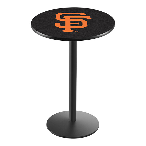 A black Holland Bar Stool pub table with the San Francisco Giants logo on it.