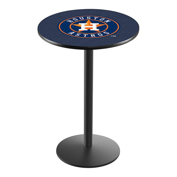 A Holland Bar Stool Houston Astros pub table with a black round base and logo on the table top.