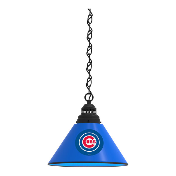 A black pendant light with a blue lampshade featuring the Chicago Cubs logo in blue, red, and white.