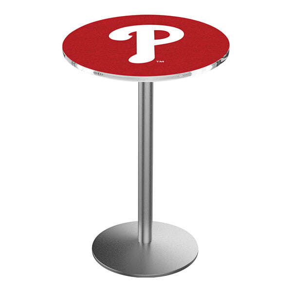 A round red Holland Bar Stool Philadelphia Phillies pub table with a white Phillies logo on it.