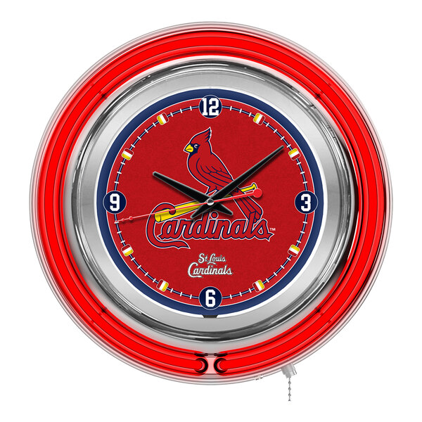 A white Holland Bar Stool clock with a red and blue St. Louis Cardinals logo in neon.
