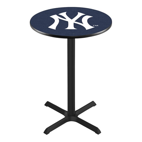 A round blue and white New York Yankees pub table top with a logo.