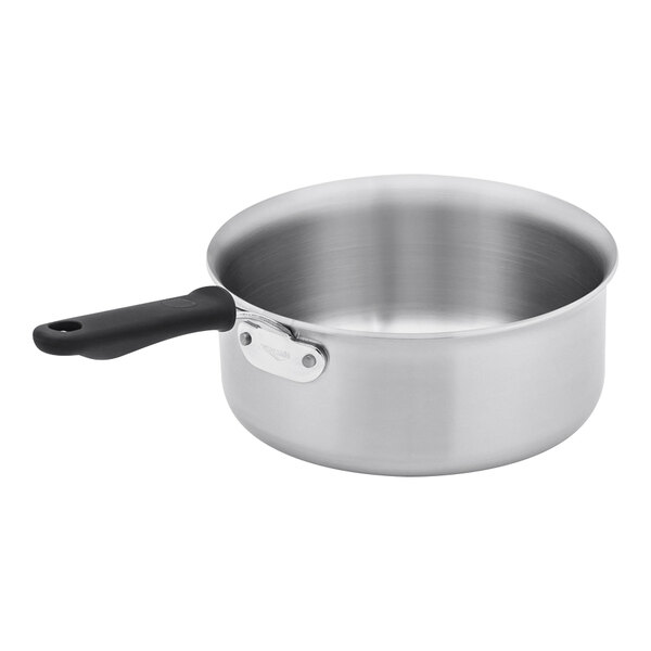 A close-up of a Vollrath stainless steel saucepan with a black handle.