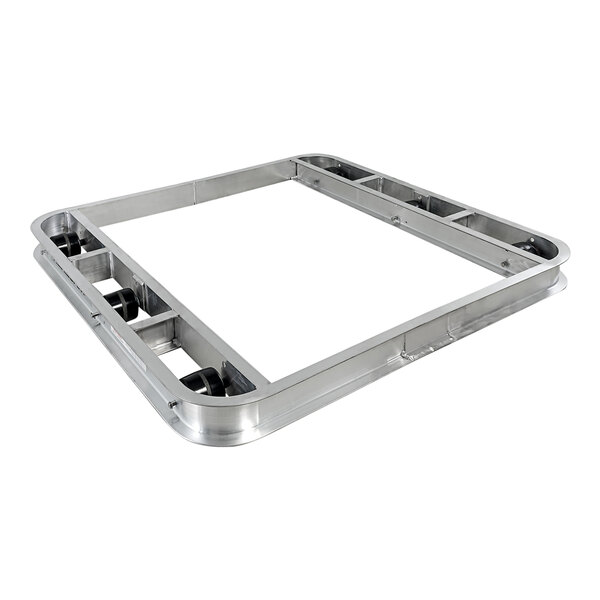 A silver metal Magliner pallet dolly frame with 6 rollers and wheels.